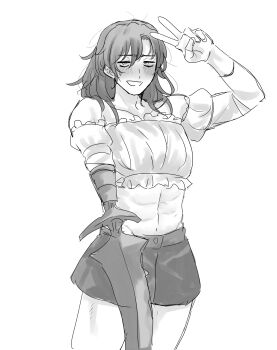 1boy abs absurdres alternate_costume arthropod_limbs bags_under_eyes bare_shoulders blush collarbone contemporary cowboy_shot crop_top crossdressing detached_sleeves embarrassed facial_hair fingerless_gloves frilled_shirt frilled_sleeves frills glasses gloves gregor_(project_moon) greyscale grin hair_between_eyes hair_down half-closed_eyes highres jitome kikkoinu limbus_company long_hair looking_at_viewer low_ponytail male_focus messy_hair midriff monochrome muscular muscular_male navel open_mouth parted_bangs photoshop_(medium) ponytail project_moon puffy_sleeves sanpaku shirt shorts simple_background sketch smile solo standing stomach stubble sweatdrop toned toned_male v v_over_eye white_background