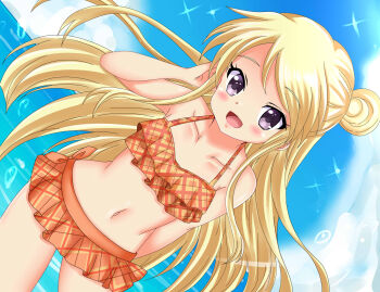 1girl bare_arms bare_legs bare_shoulders bikini blonde_hair blush cloud collarbone day dot_nose female_focus frilled_bikini frills highres kin-iro_mosaic kujou_karen legs long_hair looking_at_viewer navel open_mouth outdoors purple_eyes resetlife2022 sky solo sparkle standing swimsuit water