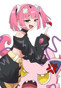 1girl anger_vein bandaid bandaid_hair_ornament black_eyes black_hair black_shirt black_skirt blunt_bangs coral_(pokemon) cropped_shirt fang followers_favorite_challenge from_side hair_ornament highres index_finger_raised kame_san long_sleeves looking_at_viewer midriff multiple_drawing_challenge navel nintendo pink_hair poke_ball poke_ball_(basic) pokemon pokemon_(anime) pokemon_(creature) pokemon_horizons scream_tail shirt skin_fang skirt twintails twitter_username white_background