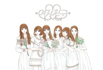 Rule 34 | 6+girls, blunt bangs, bob cut, bouquet, brown eyes, brown hair, commentary, cowboy shot, dress, eunha (gfriend), flower, gfriend, group name, holding, holding bouquet, long hair, long sleeves, looking at viewer, multiple girls, short sleeves, sinb (gfriend), sleeveless, sleeveless dress, smile, sowon (gfriend), umji (gfriend), white background, white dress, yerin (gfriend), yuju (gfriend), yuringi