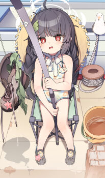 1girl absurdres bikini bird blue_archive boots braid chair crocs fishing_rod from_above full_body grey_halo halo hat hat_on_back highres leaf leaf_on_head leaf_print looking_at_viewer miyu_(blue_archive) miyu_(swimsuit)_(blue_archive) peanut_mouth print_bikini rope seaweed sitting sittingseagull starfish straw_hat sun_hat swimsuit twin_braids white_bikini xiamu_chiyu