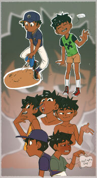 1boy absurdres anonanim baseball_cap baseball_uniform black_hair bloodshot_eyes blush braces brown_shorts catcher_(baseball) character_print collarbone commentary creeper dark-skinned_male dark_skin different_zoom_layer drinking_straw drinking_straw_in_nose drooling drugs english_commentary english_text fangs felix_maez_(anonanim) green_shirt hat highres male_focus marijuana minecraft multiple_views original print_shirt red_shoes runny_nose shirt shoes shorts shota smile sneakers snot solo sportswear zoom_layer