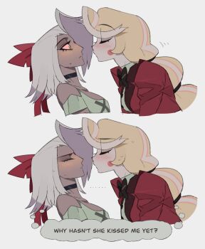 2girls bare_shoulders bilidongdong black_bow black_bowtie black_choker blonde_hair blush bow bowtie charlie_morningstar choker demon_girl english_text facing_another from_side hair_bow hazbin_hotel hellaverse highres jacket long_hair looking_at_another multicolored_hair multiple_girls red_bow red_eyes red_jacket short_hair simple_background speech_bubble thought_bubble two-tone_hair vaggie white_background white_hair yuri