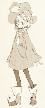 1girl abara_heiki black_pantyhose boots bow braid commentary_request dress front_braid full_body hat hat_bow high_heel_boots high_heels long_hair long_sleeves looking_at_viewer monochrome original pantyhose simple_background solo witch_hat