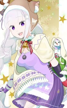 1girl :d animal_hat antlers bell blunt_bangs box braid breasts christmas cleavage dress emilia_(re:zero) fake_antlers flower gift gift_box gloves hair_flower hair_ornament hair_ribbon hat highres horns long_hair looking_at_viewer mittens open_mouth pointy_ears puck_(re:zero) purple_dress purple_eyes purple_ribbon purple_skirt re:zero_kara_hajimeru_isekai_seikatsu red_gloves red_mittens reindeer_antlers ribbon sakanaglyph skirt smile solo white_flower white_hair x_hair_ornament