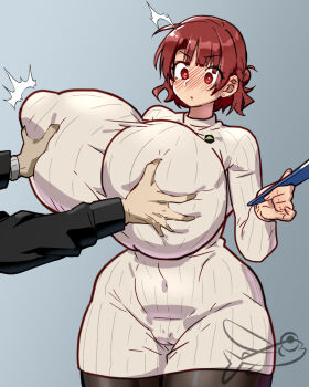 1boy 1girl ago_dashi7532 blue_lock blush breasts brown_hair grabbing_another&#039;s_breast groping huge_breasts looking_at_viewer medium_hair speech_bubble surprised teieri_anri