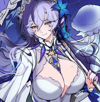 1girl blue_flower breasts cantarella_(wuthering_waves) dress facial_mark flower hair_flower hair_ornament headdress highres holding holding_umbrella jellyfish large_breasts mark_under_eye purple_hair purple_umbrella solo tjgus umbrella unfinished upper_body white_dress wuthering_waves