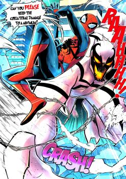 2boys animal_print anti-venom battle bodysuit building cityscape debris dodging dust highres marvel mask motion_lines multiple_boys open_mouth sharp_teeth silk size_difference sonchapo sound_effects speech_bubble spider-man spider-man_(series) spider_print spider_web superhero_costume symbiote teeth yellow_eyes