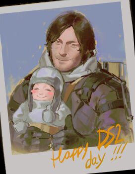 Rule 34 | 1boy, 1other, armor, baby, bb-28, beard stubble, black eyes, black gloves, blush, brown hair, closed eyes, death stranding, facial hair, gloves, happy birthday, hat, highres, jacket, looking at viewer, male focus, open clothes, open jacket, photo (object), plazmch, sam porter bridges, short hair, shoulder belt, shoulder strap, smile, stubble, thumbs up, white hat