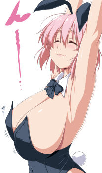 1girl absurdres alternate_costume animal_ears armpits arms_up black_bow black_bowtie black_leotard bow bowtie breasts detached_collar fake_animal_ears hair_between_eyes highres large_breasts leotard nori_tamago pink_hair playboy_bunny rabbit_ears saigyouji_yuyuko short_hair simple_background solo touhou white_background
