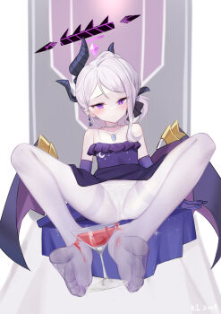 1girl asymmetrical_horns bare_shoulders blue_archive blush chinese_commentary closed_mouth cocktail cocktail_glass commentary_request cup demon_girl demon_horns dress drinking_glass earrings elbow_gloves flat_chest foreshortening gloves halo highres hina_(blue_archive) hina_(dress)_(blue_archive) horns jewelry kalun_(fwme3378) loli necklace no_shoes official_alternate_costume paid_reward_available panties panties_under_pantyhose pantyhose pearl_necklace pendant purple_dress purple_eyes purple_gloves purple_halo purple_pantyhose sitting soles solo spread_legs strapless strapless_dress thighband_pantyhose toes underwear white_panties