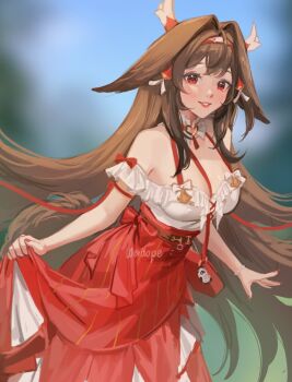 1girl animal_ears armband artist_name bag bare_shoulders blurry blurry_background blush bracelet breasts brown_hair cleavage commentary cowboy_shot cross-laced_clothes cross-laced_top droopy_ears english_commentary fox_ears fox_girl frilled_armband frilled_shirt frilled_shirt_collar frills hairband high-waist_skirt highres jewelry large_breasts layered_skirt long_hair long_skirt looking_at_viewer multicolored_hairband official_alternate_costume parted_lips red_bag red_eyes red_hairband red_nails red_skirt shirt shirt_tucked_in shoulder_bag skirt skirt_hold solo tail very_long_hair wernope white_armband white_hairband white_shirt ye_shunguang zenless_zone_zero