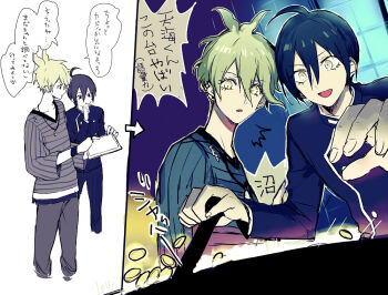 2boys ^^^ ahoge amami_rantaro antenna_hair black_eyes black_hair black_jacket black_pants blue_pants blue_shirt brooch buttons casino coin collarbone commentary_request cropped_legs danganronpa_(series) danganronpa_v3:_killing_harmony double-breasted ear_piercing earrings expressionless eyelashes fingernails flat_color frown gold_coin green_eyes green_hair gun hair_between_eyes happy holding holding_tablet_pc indoors jacket jewelry layered_sleeves lever long_sleeves looking_at_object lovi_(momoko37) male_focus messy_hair multiple_boys multiple_piercings open_mouth outline pants parted_lips pendant piercing pulling reaching saihara_shuichi sequential shirt short_hair single_earring smile speech_bubble spike_piercing standing striped_clothes striped_shirt stud_earrings surps tablet_pc thinking translation_request undershirt upper_body vertical-striped_sleeves weapon white_outline wristband yellow_eyes