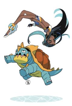 1girl bikini black_hair blue_eyes blue_eyeshadow blue_hair claws crop_top dark-skinned_female dark_skin drednaw earrings eyeshadow fang full_body gen_8_pokemon gloves hair_bun hoop_earrings jewelry konakawa long_hair looking_at_another looking_at_viewer makeup multicolored_hair nessa_(pokemon) nintendo pokemon pokemon_(creature) pokemon_swsh sandals simple_background single_glove single_hair_bun skin_fang smile swimsuit tankini two-tone_hair white_background white_sandals