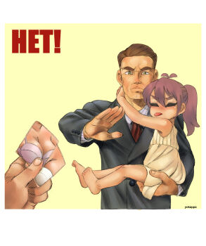 1boy 1girl arms_around_neck artist_name barefoot border bra breasts brown_hair carrying carrying_person cleavage closed_eyes collared_shirt dress formal_clothes highres holding holding_photo long_sleeves medium_hair meme necktie nyet!_(meme) original parody photo_(object) ponytail propaganda purple_hair red_necktie russian_text shirt short_hair simple_background soviet suit tongue tongue_out translated underwear white_border white_shirt yellow_background yellow_eyes yokappa_(jokappa)