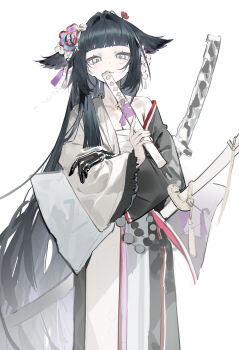 1girl absurdres arknights bai_yao_(user_ygua7252) bandages black_hair black_kimono chest_sarashi feet_out_of_frame flower grey_eyes hair_flaps hair_flower hair_intakes hair_ornament highres holding holding_sword holding_weapon japanese_clothes kimono light_blush long_hair long_sleeves looking_at_viewer mio_(arknights) red_flower sarashi scabbard sheath sheathed sidelocks single_bare_shoulder solo standing sword two-tone_kimono weapon white_background white_kimono