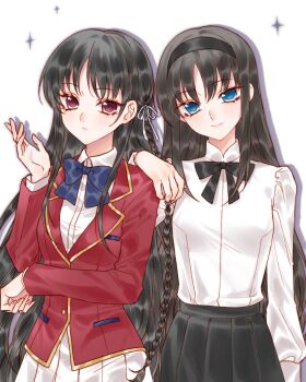 2girls affectionate artist_request black_hair blue_eyes braid commission crossover hair_ribbon hairband hand_on_another&#039;s_shoulder horikita_suzune long_hair looking_at_viewer multiple_girls red_eyes ribbon school_uniform smile star_(symbol) tohno_akiha tsukihime tsukihime_(remake) white_background youkoso_jitsuryoku_shijou_shugi_no_kyoushitsu_e