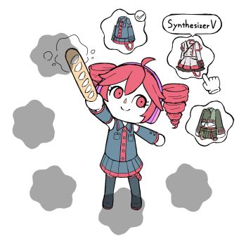 1girl ahoge animal_crossing animal_crossing_(style) arm_up baguette black_boots black_shirt black_skirt boots bread checkmark chibi closed_mouth collared_shirt cursor detached_sleeves drill_hair english_text food gameplay_mechanics gomashio_lettuce hand_cursor headphones highres holding holding_food kasane_teto kasane_teto_(sv) kasane_teto_(utau) kasane_teto_(voicepeak) looking_at_viewer nintendo red_eyes red_hair shirt short_hair simple_background skirt smile solo speech_bubble standing synthesizer_v thigh_boots thought_bubble twin_drills utau voicepeak white_background