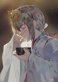 10s 1girl alcohol black_hair club3 female_focus hair_ornament highres japanese_clothes kanzashi kimi_no_na_wa. long_hair masu miko miyamizu_mitsuha ribbon-trimmed_sleeves ribbon_trim rice sake saliva solo wide_sleeves