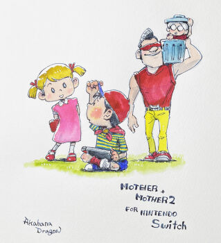 Rule 34 | 1girl, 3boys, adjusting clothes, adjusting headwear, akahanadragon, ana (mother), baseball cap, belt, black hair, blonde hair, blue eyes, blush, carrying, carrying over shoulder, copyright name, dress, grass, hat, lloyd (mother), looking at another, mother (series), mother 1, multiple boys, ninten, nintendo, pompadour, scarf, shirt, shoes, sitting, smile, socks, striped clothes, striped shirt, sunglasses, teddy (mother), traditional media, trash can, twintails, white hair