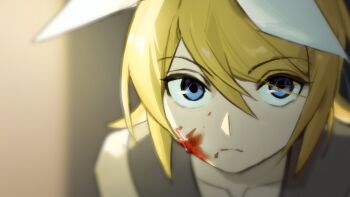 1girl blonde_hair blood blood_on_face blue_eyes blue_sailor_collar bow closed_mouth collarbone frown hair_between_eyes hair_bow kagamine_rin looking_at_viewer sailor_collar short_hair short_sleeves solo vocaloid white_bow wounds404
