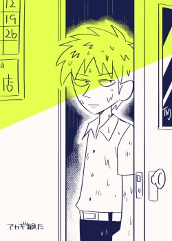 Rule 34 | 1boy, akagi: yami ni oritatta tensai, akagi shigeru, belt, buttons, calendar (object), closed mouth, collared shirt, commentary request, doorway, fukumoto mahjong, looking at viewer, male focus, monochrome, pants, pointy nose, shirt, short hair, short sleeves, sidelighting, signature, solo, translation request, tsunoji, wet, wet clothes, wet hair