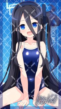 1girl adversarial_noise aqua_halo aris_(blue_archive) artist_name black_hair blue_archive blue_background blue_eyes blue_one-piece_swimsuit breasts character_name competition_school_swimsuit cowboy_shot gradient_background hair_between_eyes halo highres inaba_shiki long_hair looking_at_viewer one-piece_swimsuit one_side_up open_mouth rectangular_halo school_swimsuit signature sitting small_breasts smile solo swimsuit very_long_hair watermark watermark_grid