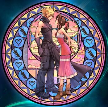 1boy 1girl aerith_gainsborough arms_behind_back artist_name bare_arms bare_shoulders black_boots black_cape black_gloves black_pants black_vest blonde_hair boots breasts brown_boots brown_hair buster_sword cape chest_strap closed_eyes closed_mouth cloud cloud_strife cloudy_sky commentary dress english_commentary final_fantasy final_fantasy_vii final_fantasy_vii:_advent_children full_body gloves hair_ribbon halter_dress halterneck highres hollypolllyy kingdom_hearts kingdom_hearts_ii leaning_forward lifestream light_smile long_dress long_hair medium_breasts official_alternate_costume pants parted_bangs pink_dress pink_ribbon pink_sky ribbon short_hair sidelocks single_bare_shoulder sky spiked_hair stained_glass vest waist_cape