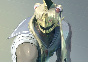 1boy absurdres artist_request bishoujo_senshi_sailor_moon demon highres kinnikuman large_pectorals long_hair looking_to_the_side mask meme monster_boy muscular parody pectorals sailor_moon_redraw_challenge_(meme) satan_(kinnikuman) school_uniform very_long_hair what wig wrestling