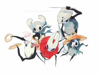 1other 2boys 2girls antennae arthropod_girl bag black_eyes chakram chinese_commentary chromatic_aberration cloak commentary_request copyright_name film_grain full_body grey_cloak hat highres hightguy holding holding_weapon hollow_knight hollow_knight:_silksong hornet_(hollow_knight) horns knight_(hollow_knight) mask mask_on_head multiple_boys multiple_girls nail_(hollow_knight) needle_(hollow_knight) quirrel red_bag red_cloak scroll shakra_(hollow_knight) sherma_(hollow_knight) shoulder_bag simple_background thread weapon white_background white_mask