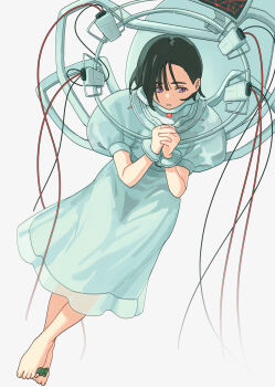 1girl absurdres aji_(eatfishfly) alien_stage barefoot black_hair cable commentary crossed_ankles dress full_body highres interlocked_fingers machine official_alternate_costume open_mouth own_hands_together puffy_short_sleeves puffy_sleeves purple_eyes short_hair short_sleeves simple_background solo sua_(alien_stage) white_background white_dress