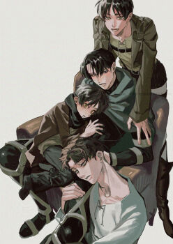 2boys aquiline_nose artist_request ascot black_hair boots cloak curtained_hair dual_wielding eren_yeager green_cloak highres holding jacket levi_(shingeki_no_kyojin) male_focus multiple_boys nose paradis_military_uniform shingeki_no_kyojin short_hair thigh_strap weapon yaoi