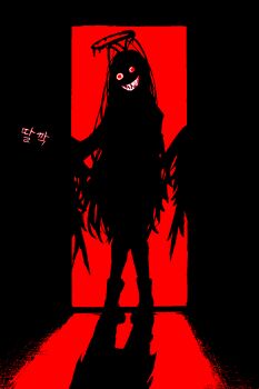 1girl blood blood_halo blue_archive halo highres horror_(theme) liquid_halo low_wings open_door open_mouth red_eyes solo teeth tsurugi_(blue_archive) wings