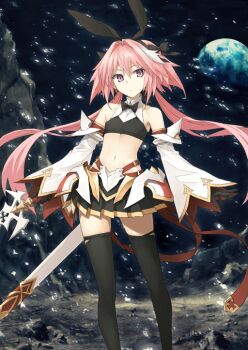 Rule 34 | 1boy, animal ear hairband, animal ears, astolfo (fate), astolfo (saber) (fate), astolfo (saber) (first ascension) (fate), bare shoulders, belt buckle, black background, black bow, black bowtie, black gloves, black shirt, black skirt, black thighhighs, bow, bowtie, buckle, closed mouth, collared shirt, crop top, crossdressing, crossdressing (mtf), detached sleeves, dot mouth, earth (planet), fake animal ears, fate/grand order, fate (series), feet out of frame, floating hair, game cg, gloves, hair between eyes, hair bow, hair intakes, hairband, halterneck, holding, holding sword, holding weapon, konoe ototsugu, light particles, long hair, long sleeves, looking to the side, low twintails, male focus, miniskirt, navel, official art, pink eyes, pink hair, planet, pleated skirt, rabbit ear hairband, rabbit ears, shirt, skirt, solo, standing, stomach, sword, thighhighs, third-party source, traditional bowtie, trap, twintails, unsheathed, variant set, very long hair, vulcano caligorante, weapon, white sleeves, wide sleeves, wing collar
