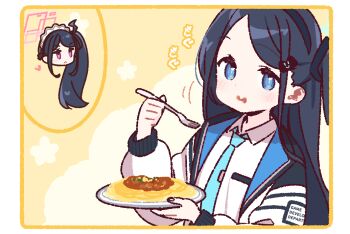 2girls :< aris_(blue_archive) black_hair black_hairband blue_archive blue_eyes blue_necktie blush chibi chibi_inset closed_mouth collared_shirt commentary food food_on_face fork hairband halo holding holding_fork holding_plate jacket kei_(blue_archive) long_hair long_sleeves maid_headdress multiple_girls necktie one_side_up open_clothes open_jacket parted_bangs pasta pink_eyes pink_halo plate rectangular_halo shirt smile spaghetti symbol-only_commentary upper_body white_jacket white_shirt yoru_nai