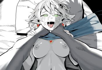 1girl 1other bdsm bed blue_scarf borrowed_character breasts commentary commission cum cum_in_mouth cum_on_body cum_on_tongue earrings english_commentary facial green_eyes greyscale hair_ornament highres holding_another's_wrist jewelry kunitoro_(artist) masochism medium_breasts monochrome navel nipples nude open_mouth original pillow pointy_ears raised_inner_eyebrows scarf smile speech_bubble spot_color strangling sweat tears teeth textless_version