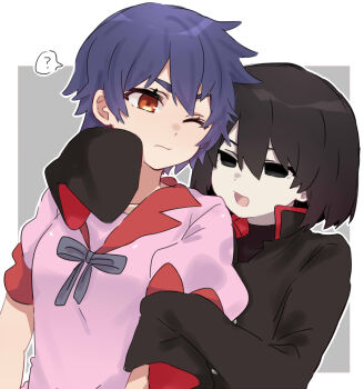 Rule 34 | 1boy, 1girl, :3, :d, :|, ?, absurdres, androgynous, arm around neck, arms at sides, black eyes, black hair, black jacket, black shirt, bob cut, bow, bowtie, breasts, brown eyes, closed mouth, collared shirt, commentary, covered collarbone, dress shirt, empty eyes, eyelashes, front-to-back, gakuran, grey background, hair between eyes, hand on another's arm, height difference, highres, hug, hug from behind, jacket, kanbaru suruga, looking at another, looking back, medium breasts, monogatari (series), naoetsu high school uniform, narrowed eyes, neck ribbon, one eye closed, open mouth, oshino ougi, pale skin, pink shirt, purple bow, purple bowtie, purple hair, purple ribbon, red trim, ribbon, school uniform, shirt, short hair, sleeves past fingers, sleeves past wrists, smile, speech bubble, spoken question mark, summer uniform, thick eyebrows, tomboy, tsugumi (tgm 615486), turtleneck, two-sided fabric, undershirt, upper body, very short hair, wavy mouth