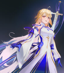 Rule 34 | 1girl, absurdres, antenna hair, archetype earth, arcueid brunestud, bare shoulders, blonde hair, blue gloves, breasts, cat.106, cowboy shot, detached collar, detached sleeves, dress, fate/grand order, fate (series), floating, floating object, floating sword, floating weapon, gloves, gold trim, hair intakes, highres, large breasts, long hair, long skirt, looking at viewer, multicolored clothes, multicolored skirt, parted lips, princess outfit, red eyes, sidelocks, skirt, smile, solo, strapless, strapless dress, sword, tsukihime, very long hair, weapon, white dress