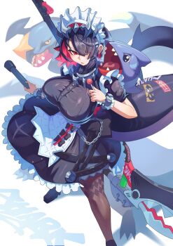 1girl absurdres black_dress black_hair breasts brown_pantyhose candy colored_inner_hair commentary crossover dragon dress ellen_joe fins fish_tail food foot_out_of_frame frilled_wristband garchomp gen_4_pokemon gible hair_ornament hair_over_one_eye hairband hand_up highres holding holding_candy holding_food holding_lollipop large_breasts lollipop looking_at_viewer maid maid_headdress metal_hairband multicolored_hair nintendo on_shoulder one_eye_covered open_mouth pantyhose parted_bangs parted_lips pokemon pokemon_(creature) pokemon_on_shoulder punnn0221 razor_blade_hair_ornament red_eyes shark_girl shark_tail sharp_teeth short_hair short_sleeves solo_focus spiked_wristband standing symbol-only_commentary tail taut_clothes taut_dress teeth weapon weapon_on_back x_hair_ornament zenless_zone_zero