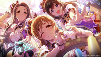 3girls anniversary artist_request black_hair blue_eyes blush brown_hair commentary_request heart heart_hands highres idol idolmaster idolmaster_cinderella_girls idolmaster_cinderella_girls_starlight_stage long_hair looking_at_viewer multiple_girls nitta_minami official_art open_mouth red_eyes sagisawa_fumika sena_shiori_(idolmaster) stage