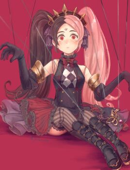 1girl absurdres black_boots black_gloves black_hair boots breasts buttons chaos_dorloto_(grimms_notes) doll_joints elbow_gloves empty_eyes gekkou_ku gloves grimms_notes hair_ribbon highres joints long_hair looking_at_viewer medium_breasts multicolored_hair neck_ribbon parted_lips pink_hair puppet_strings purple_ribbon red_eyes red_ribbon red_skirt ribbon sitting skirt solo spiked_tiara striped_clothes striped_thighhighs thighhighs tiara twintails two-tone_hair vertical-striped_clothes vertical-striped_thighhighs