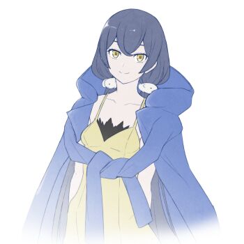 1girl ayu_(ddestiny944) black_hair blue_coat breasts coat coat_on_shoulders collarbone cowboy_shot digimon digimon_story:_cyber_sleuth digimon_story:_cyber_sleuth_-_hacker&#039;s_memory dress highres long_hair low_twintails mishima_erika simple_background small_breasts smile solo twintails white_background yellow_dress