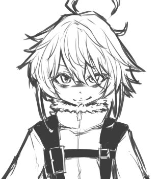 1girl closed_mouth commentary_request eyelashes greyscale looking_at_viewer medium_hair military military_uniform monochrome no_headwear simple_background smile tanya_degurechaff tori_(minamopa) v-shaped_eyebrows white_background youjo_senki zipper zipper_pull_tab