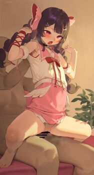 absurdres ahoge armband armpits barefoot black_hair braid censored character_request commentary_request copyright_request dress feet frikulu hair_ribbon heart heart-shaped_pupils highres penis pink_dress pink_eyes pink_ribbon reverse_upright_straddle ribbon sex sex_from_behind sweat symbol-shaped_pupils tongue tongue_out vaginal virtual_youtuber wing_ornament