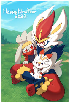 2023 :d border bright_pupils cinderace cloud commentary day evolutionary_line gen_8_pokemon grass happy_new_year highres naoki_eguchi new_year nintendo open_mouth outdoors pokemon pokemon_(creature) raboot red_eyes scorbunny sitting sky smile white_border white_pupils
