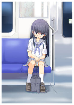 1girl bag between_legs black_eyes black_hair blue_neckerchief brown_shoes buttons collarbone constricted_pupils door female_focus full_body glasses grey_sailor_collar grey_skirt hand_between_legs have_to_pee heijitsu_(paapuu) highres indoors loli long_hair looking_down miniskirt neckerchief open_mouth original own_hands_together panties pantyshot pee peeing peeing_self pleated_skirt poster_(object) red-framed_eyewear sailor_collar school_bag school_uniform seat serafuku shirt shoes short_sleeves sidelocks sitting skirt socks solo straight-on teeth train_interior underwear upskirt wet wet_clothes wet_panties white_panties white_shirt white_socks window