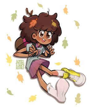 1girl :d afro amphibia anne_boonchuy artist_name backpack bag bare_arms bare_legs blush breasts brown_bag brown_eyes brown_hair collared_shirt commentary converse dark-skinned_female dark_skin deformed english_commentary full_body grey_shirt hair_behind_ear hands_up highres holding holding_bag jumping kneehighs kyotemeru leaf leaf_on_head looking_at_viewer miniskirt nose_blush open_mouth pleated_skirt purple_skirt raised_eyebrows shirt shoes short_hair short_sleeves simple_background single_shoe skirt small_breasts smile socks solo stick tareme white_background white_socks yellow_shoes