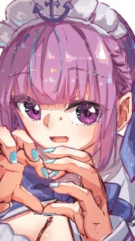 Rule 34 | 1girl, absurdres, black dress, blue nails, blue streaks, commentary, dress, four-finger heart hands, heart, heart hands, highres, hololive, long hair, looking at viewer, maid headdress, minato aqua, minato aqua (1st costume), multicolored hair, open mouth, pink hair, purple eyes, solo, streaked hair, u da desu, virtual youtuber, white headdress