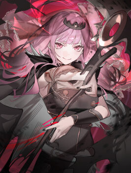 1girl black_dress breasts closed_mouth cowboy_shot dress highres holding holding_scythe hololive hololive_english kouhiipan large_breasts long_hair mori_calliope mori_calliope_(1st_costume) pink_eyes pink_hair scythe see-through_clothes see-through_veil smile solo veil virtual_youtuber