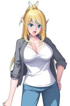 1girl antenna_hair blonde_hair blue_eyes blue_pants breasts casual cleavage collarbone contrapposto cowboy_shot denim elf game_cg gradient_hair grey_jacket hair_between_eyes hand_on_own_hip highres jacket jeans large_breasts large_variant_set long_hair looking_at_viewer multicolored_hair nanao_(mahaya) non-web_source ochite_iku_seisenshi_lunatic_angels official_art open_clothes open_jacket open_mouth pants pointy_ears ponytail shindo_kuriko shirt simple_background sleeves_rolled_up solo standing surprised teeth transparent_background variant_set white_shirt wide-eyed